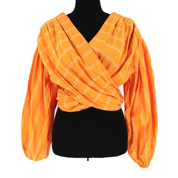 Acler Wyatt Crop Wrap Blouse Top 6 Orange White Pinstripe Balloon Puffy Sleeve S - Picture 2 of 9